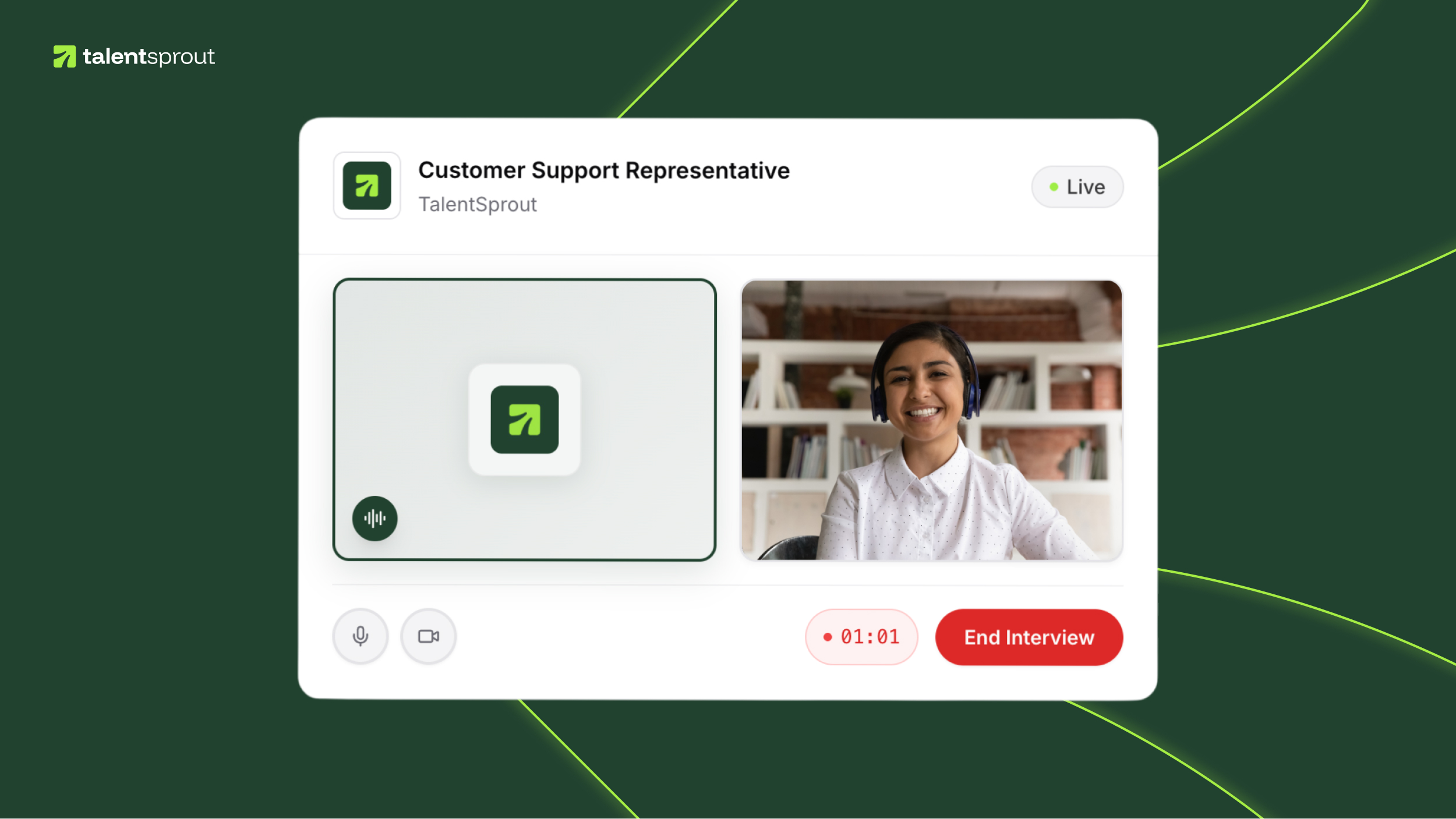 AI candidate screening interview session — live video interview with a Customer Support Representative candidate